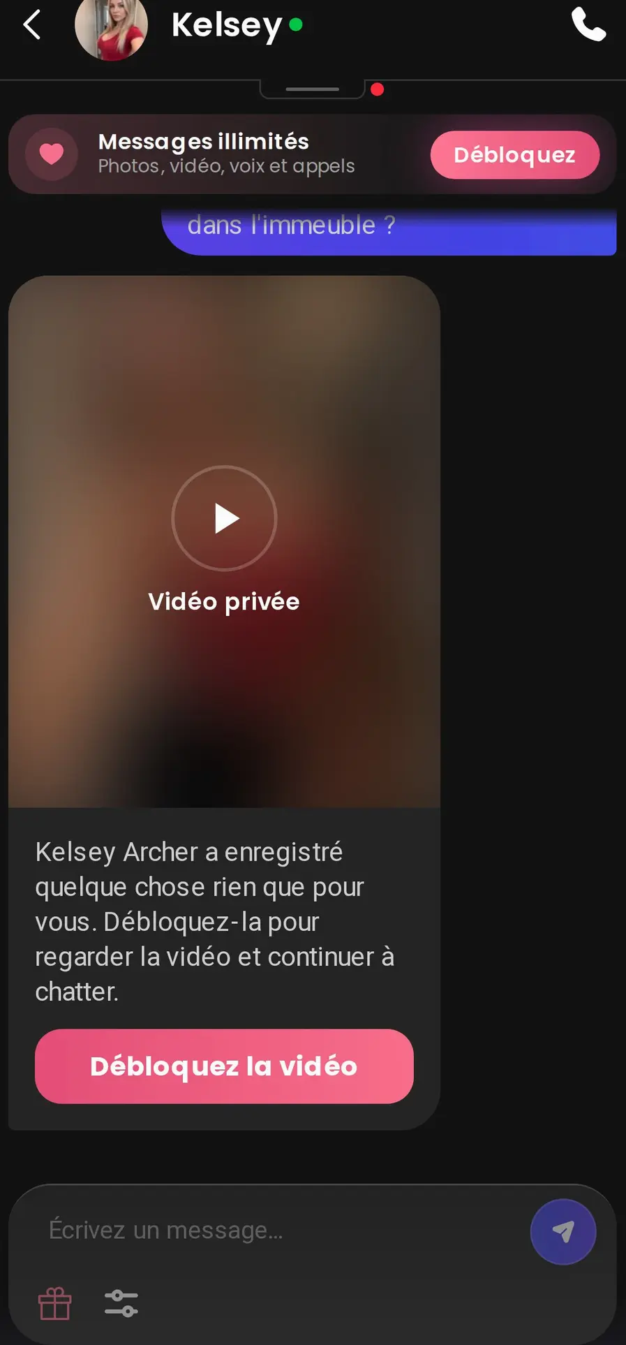 Après l’utilisation des messages gratuits, le chat affiche un contenu privé à débloquer.