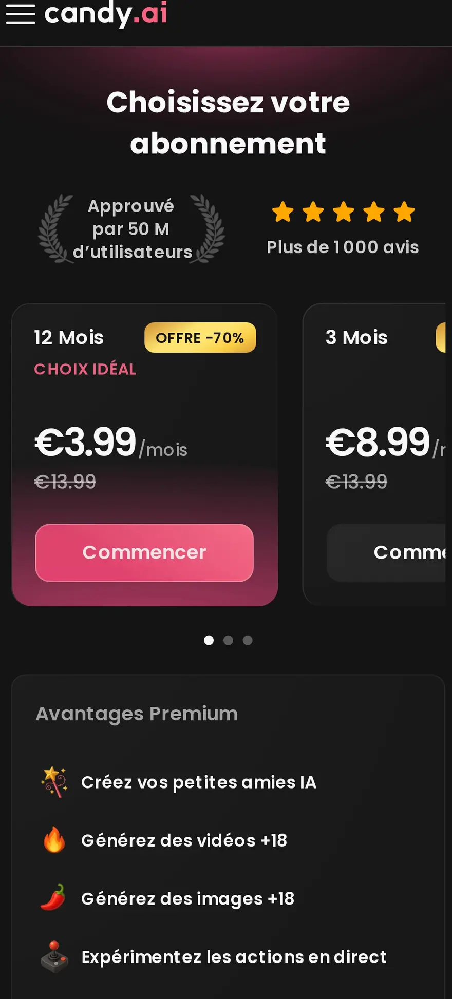 La page d’abonnement présente les durées disponibles et les avantages Premium.