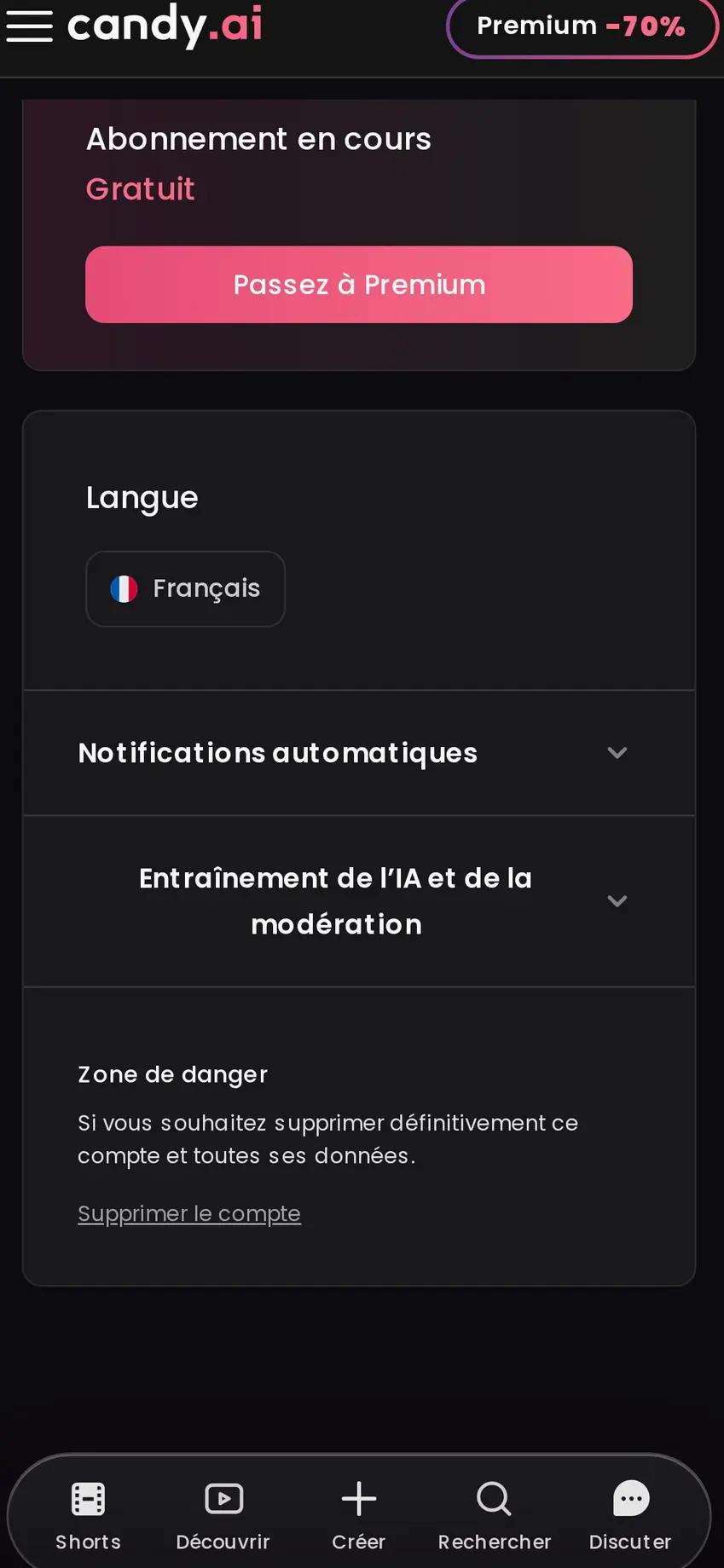 Les réglages regroupent la langue, l’option d’entraînement et la suppression du compte.